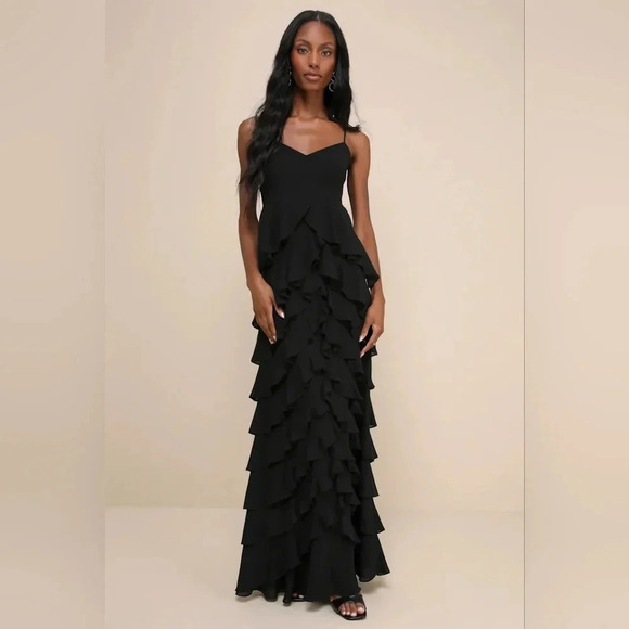 Lulu's Regal Moment Black Sleeveless Ruffled Tiered Maxi Dress Wedding Party - Picture 2 of 10